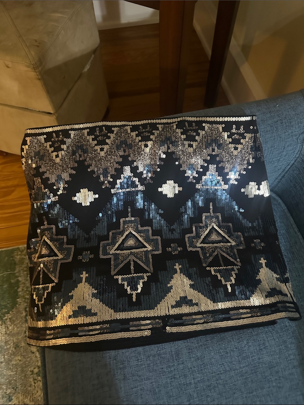 Express Sequin Embroidered Black, Silver & Blue Mini Skirt